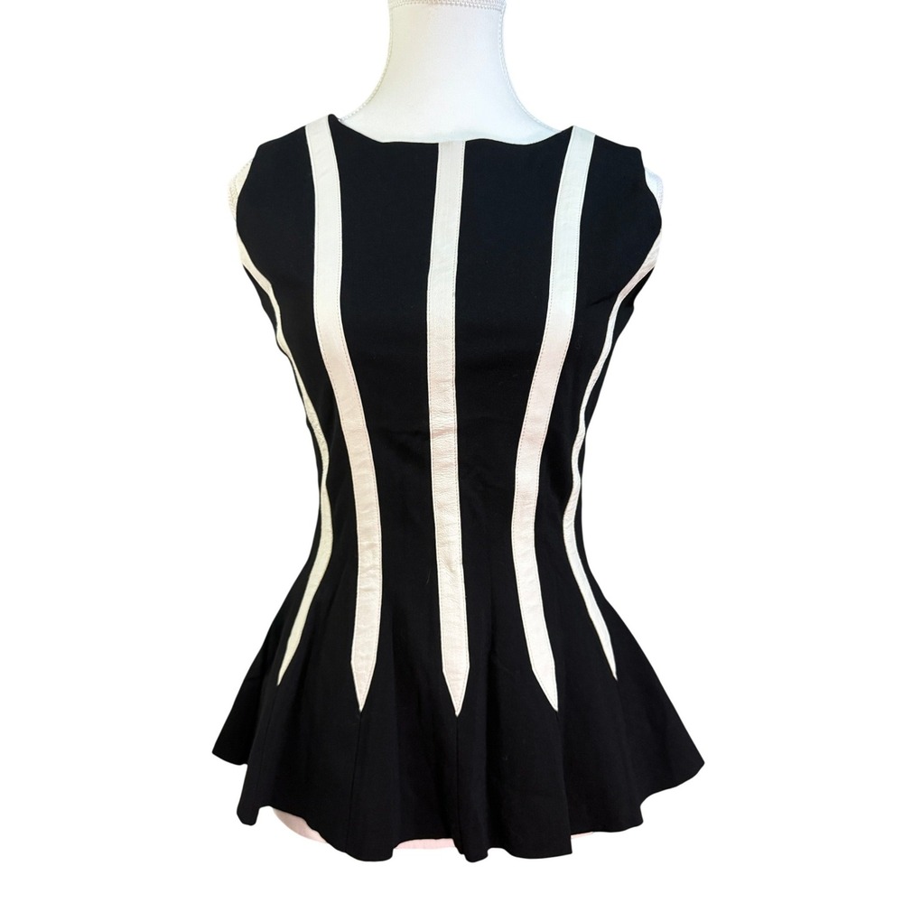 My Tribe Peplum Top Womens Small Black White Leather Trim MTT011 Sleeveless